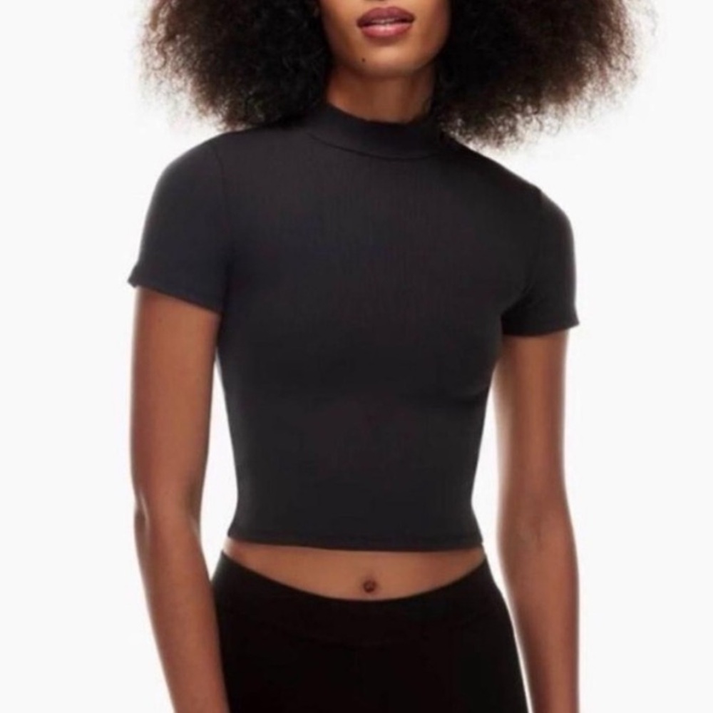 Aritzia Babaton Black Ribbed Mock-neck Crop Top